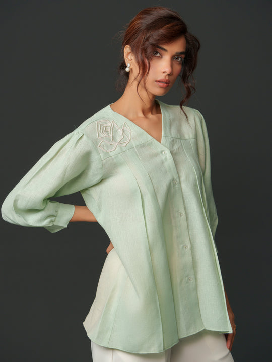 Macy - Linen Shirt With Geomectric Rose