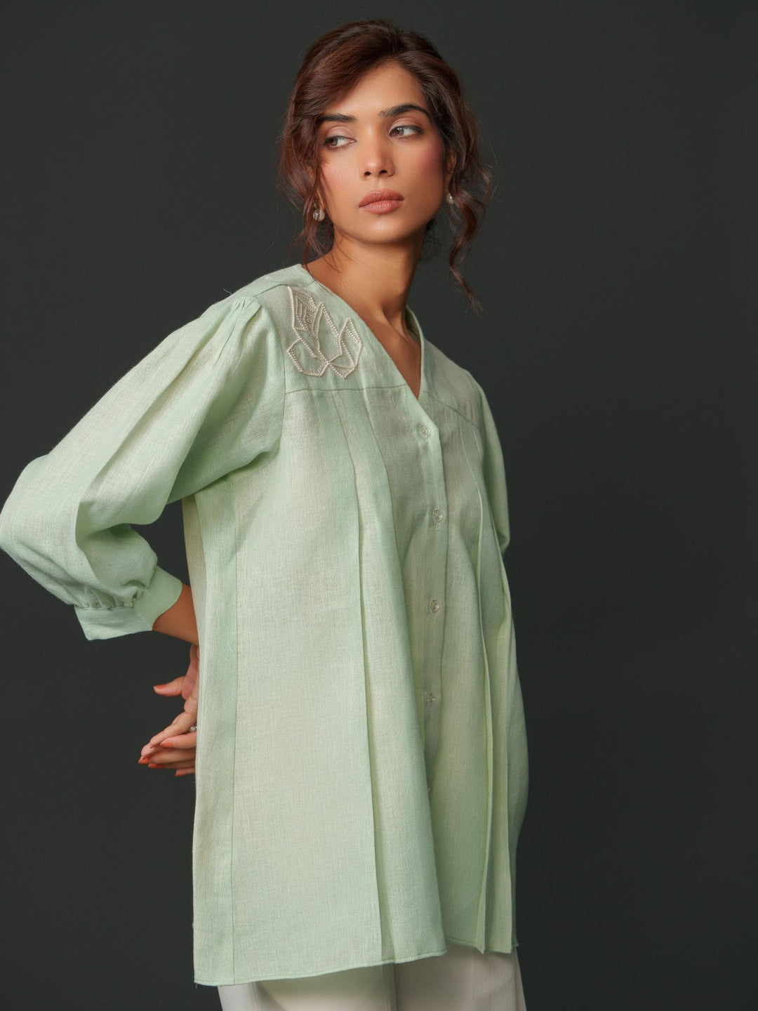 Macy - Linen Shirt With Geomectric Rose