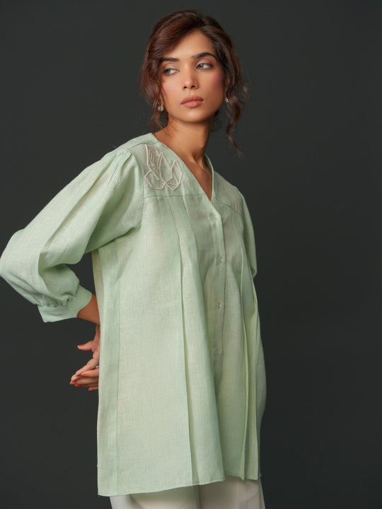 Macy - Linen Shirt With Geomectric Rose
