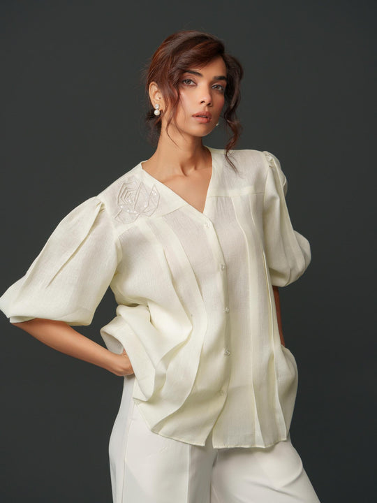 Macy - Linen Shirt With Geomectric Rose