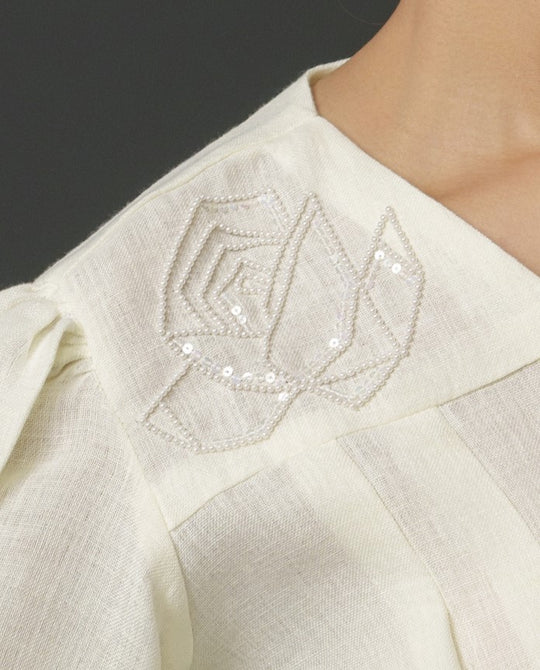 Macy - Linen Shirt With Geomectric Rose
