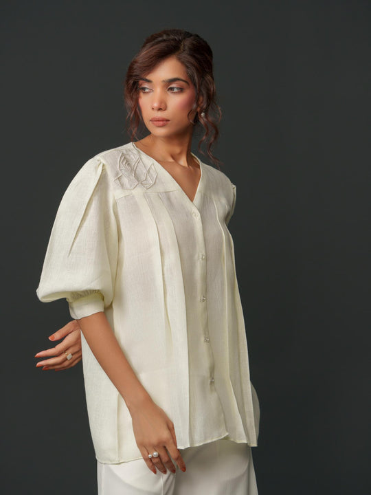 Macy - Linen Shirt With Geomectric Rose