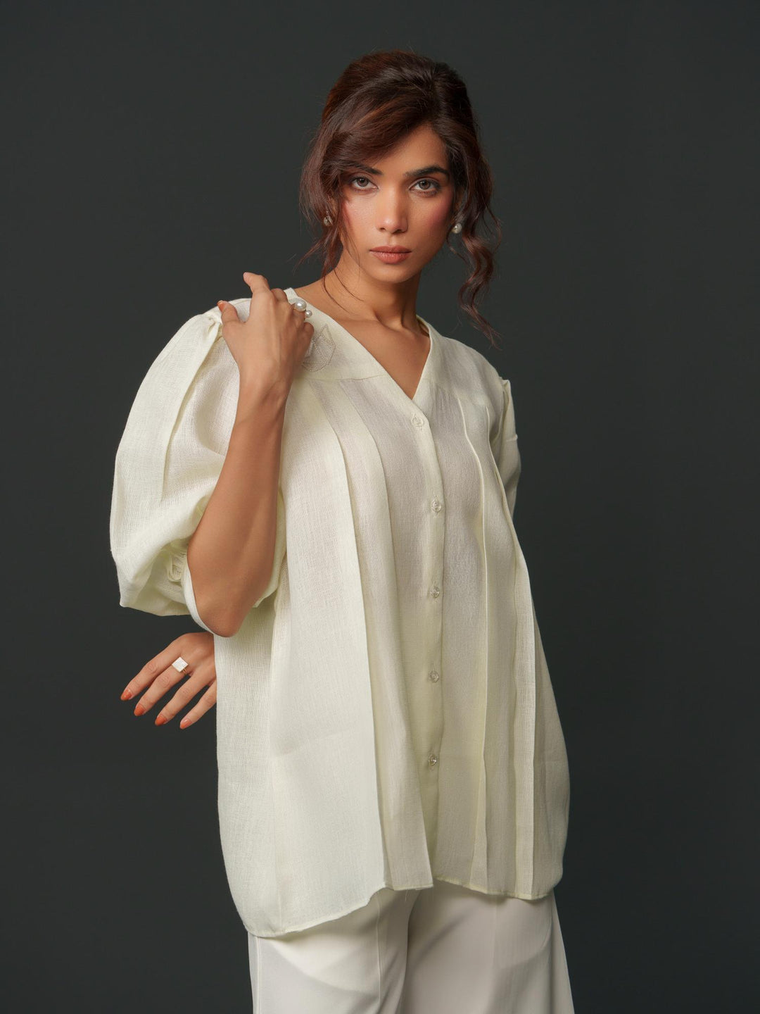 Macy - Linen Shirt With Geomectric Rose
