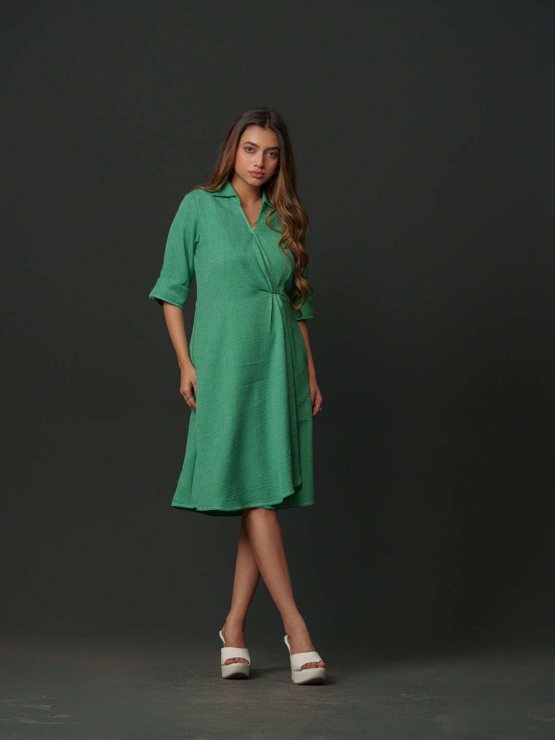 mapel linen knee-length dress- breathable linen dress for women, perfect for casual and semi-formal wear. available in green, cream, pink and lime at The Kina.