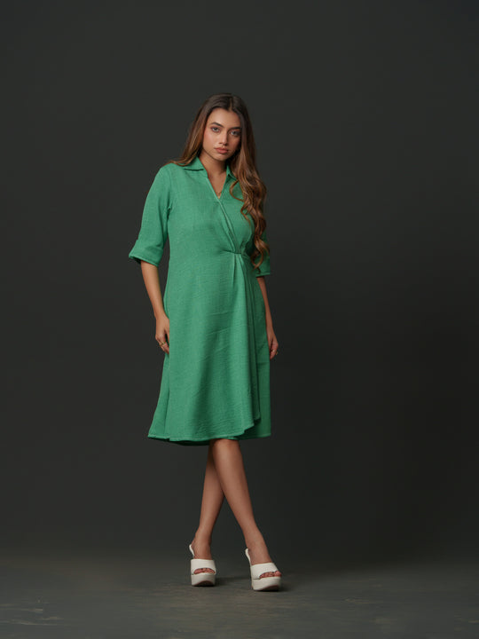 mapel linen knee-length dress- breathable linen dress for women, perfect for casual and semi-formal wear. available in green, cream, pink and lime at The Kina.