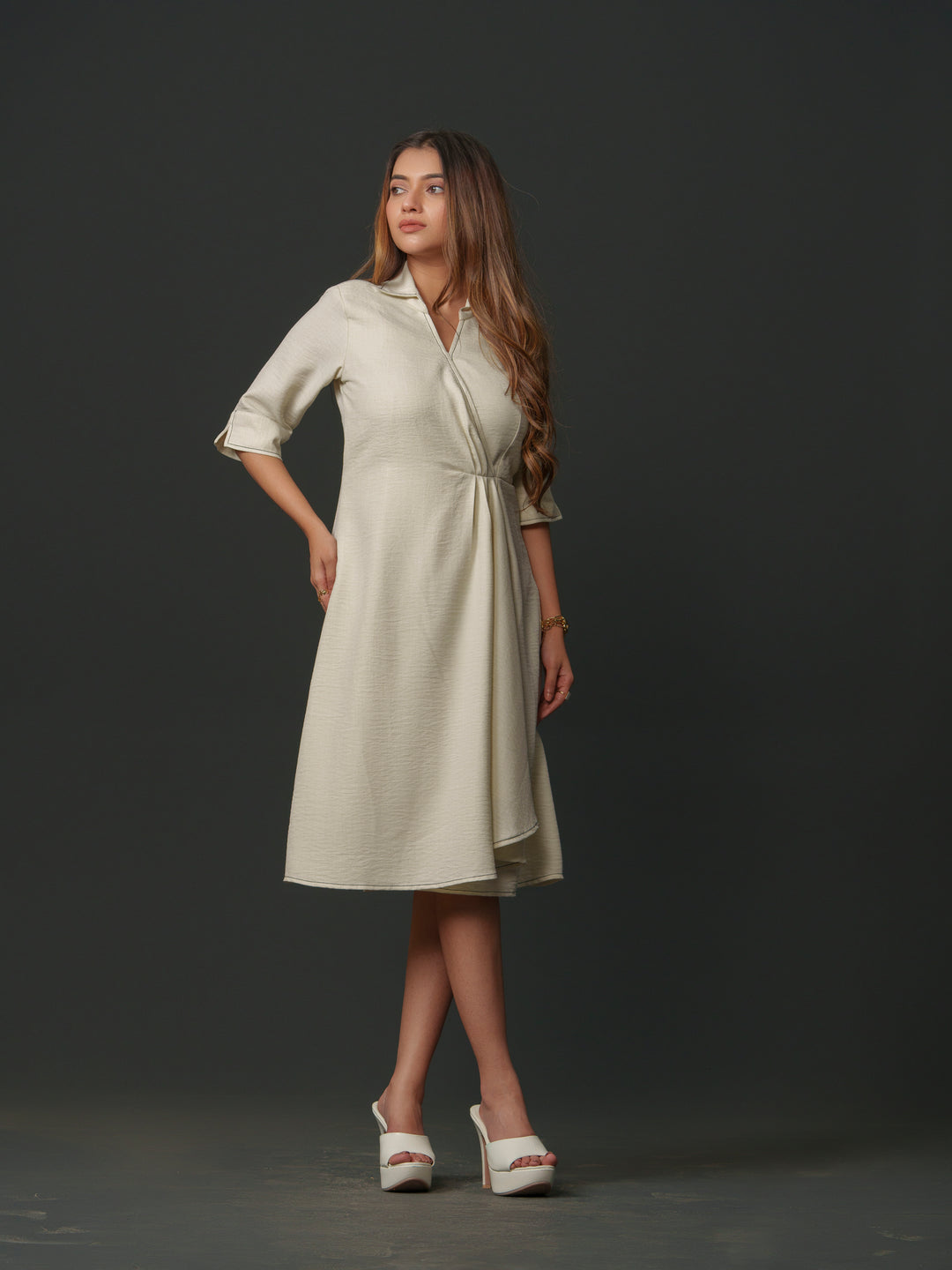 mapel linen knee-length dress- breathable linen dress for women, perfect for casual and semi-formal wear. available in green, cream, pink and lime at The Kina.