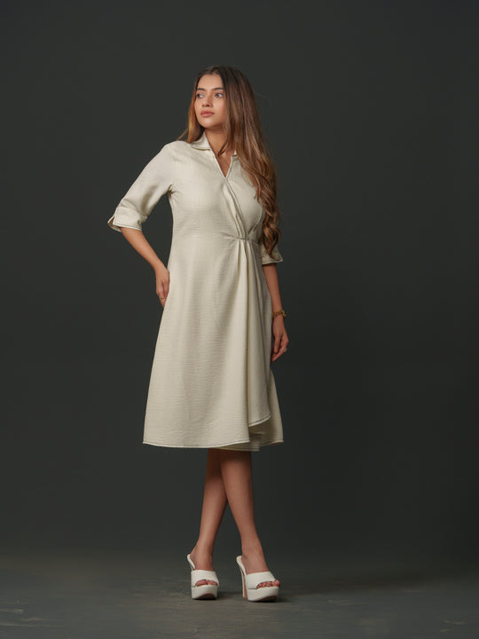 mapel linen knee-length dress- breathable linen dress for women, perfect for casual and semi-formal wear. available in green, cream, pink and lime at The Kina.