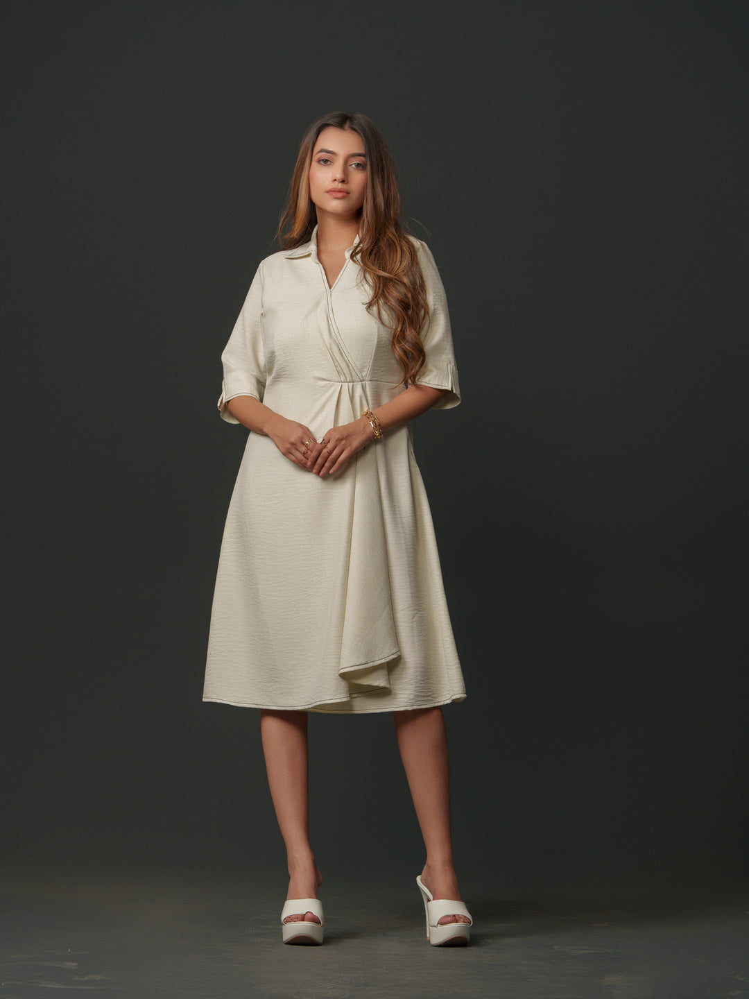 mapel linen knee-length dress- breathable linen dress for women, perfect for casual and semi-formal wear. available in green, cream, pink and lime at The Kina.