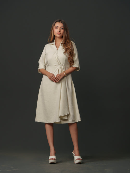 mapel linen knee-length dress- breathable linen dress for women, perfect for casual and semi-formal wear. available in green, cream, pink and lime at The Kina.