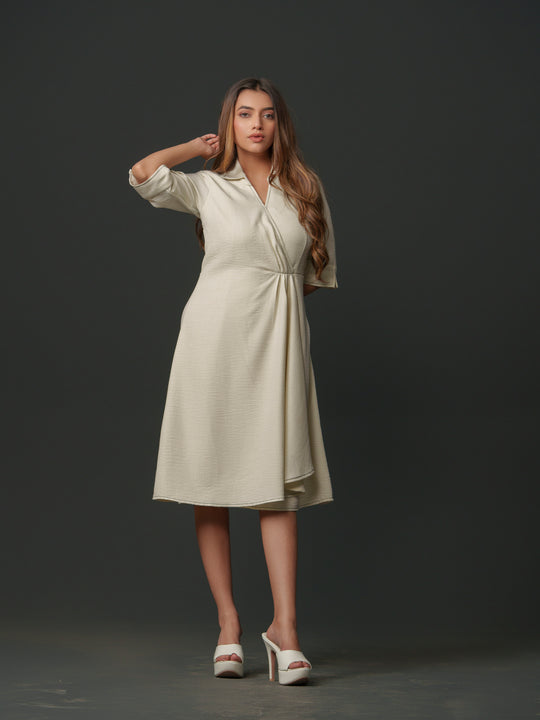 mapel linen knee-length dress- breathable linen dress for women, perfect for casual and semi-formal wear. available in green, cream, pink and lime at The Kina.