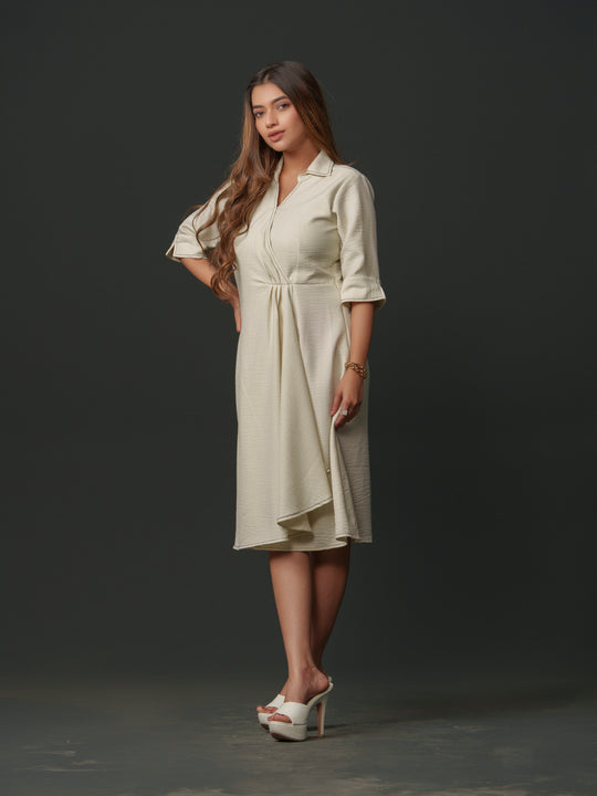 mapel linen knee-length dress- breathable linen dress for women, perfect for casual and semi-formal wear. available in green, cream, pink and lime at The Kina.