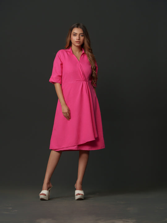 mapel linen knee-length dress- breathable linen dress for women, perfect for casual and semi-formal wear. available in green, cream, pink and lime at The Kina.