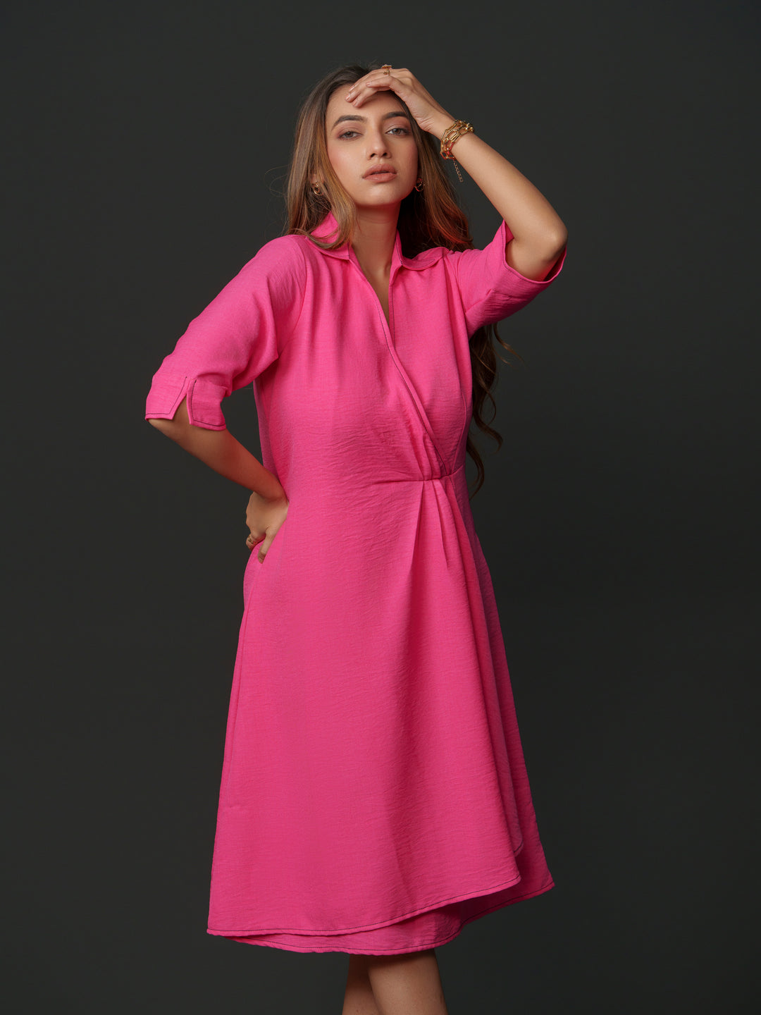 mapel linen knee-length dress- breathable linen dress for women, perfect for casual and semi-formal wear. available in green, cream, pink and lime at The Kina.
