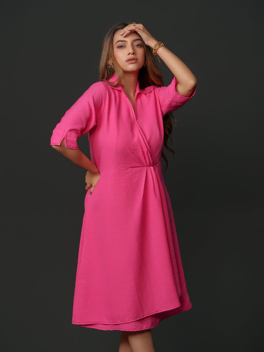 mapel linen knee-length dress- breathable linen dress for women, perfect for casual and semi-formal wear. available in green, cream, pink and lime at The Kina.