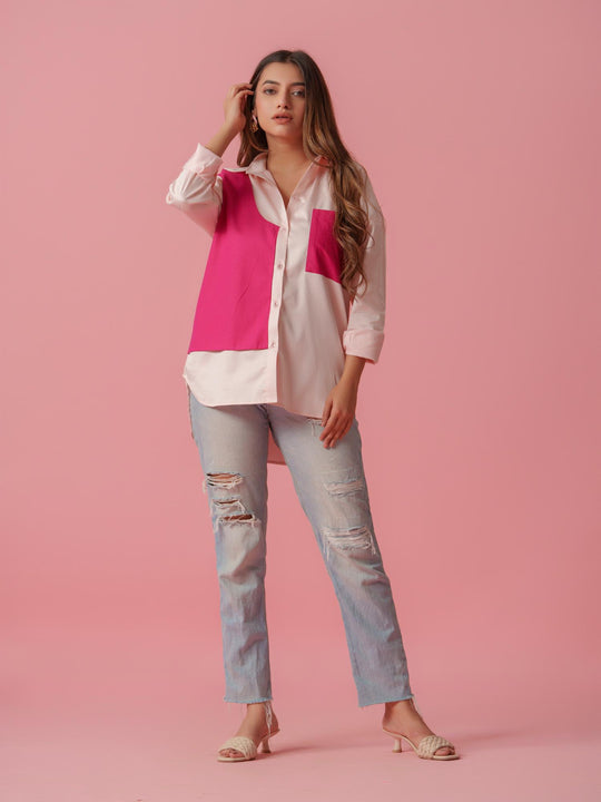 melo crisp cotton shirt-stylish women's shirt with striking color accents, made from a comfortable cotton-lycra blend. perfect for casual and semi-formal wear, available at The Kina.