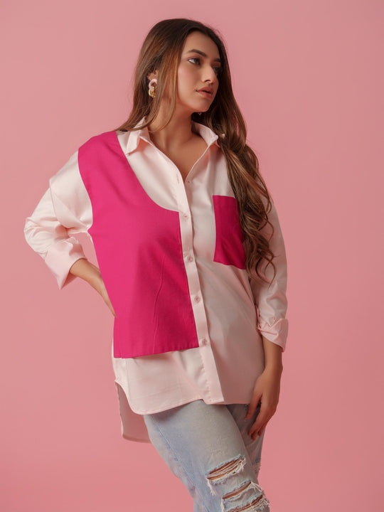 melo crisp cotton shirt-stylish women's shirt with striking color accents, made from a comfortable cotton-lycra blend. perfect for casual and semi-formal wear, available at The Kina.