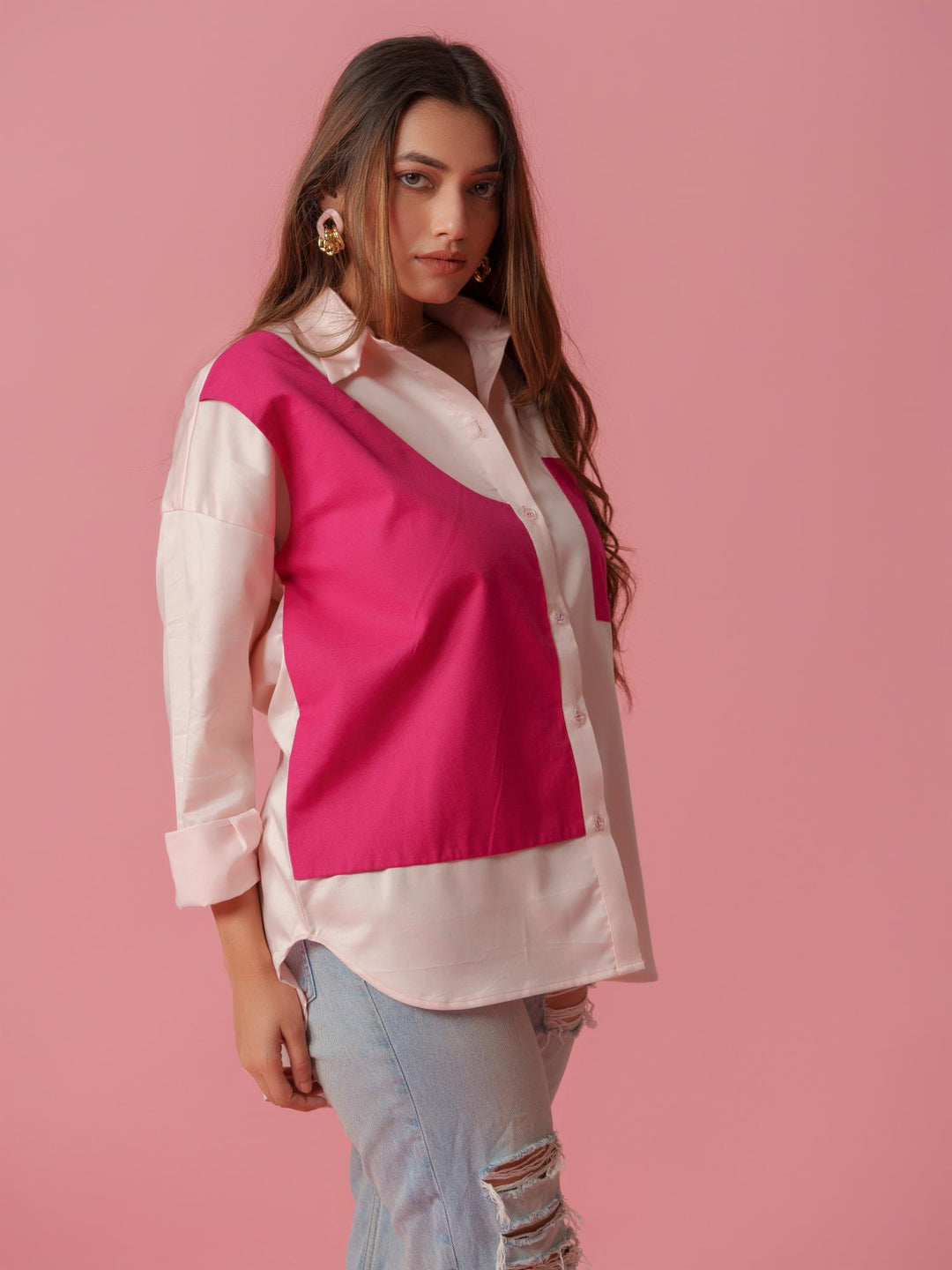 melo crisp cotton shirt-stylish women's shirt with striking color accents, made from a comfortable cotton-lycra blend. perfect for casual and semi-formal wear, available at The Kina.