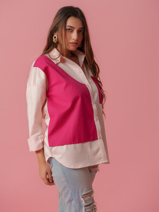 melo crisp cotton shirt-stylish women's shirt with striking color accents, made from a comfortable cotton-lycra blend. perfect for casual and semi-formal wear, available at The Kina.