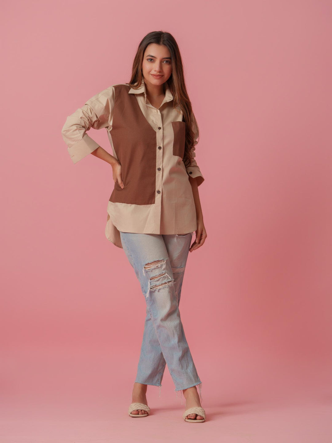 melo crisp cotton shirt-stylish women's shirt with striking color accents, made from a comfortable cotton-lycra blend. perfect for casual and semi-formal wear, available at The Kina.