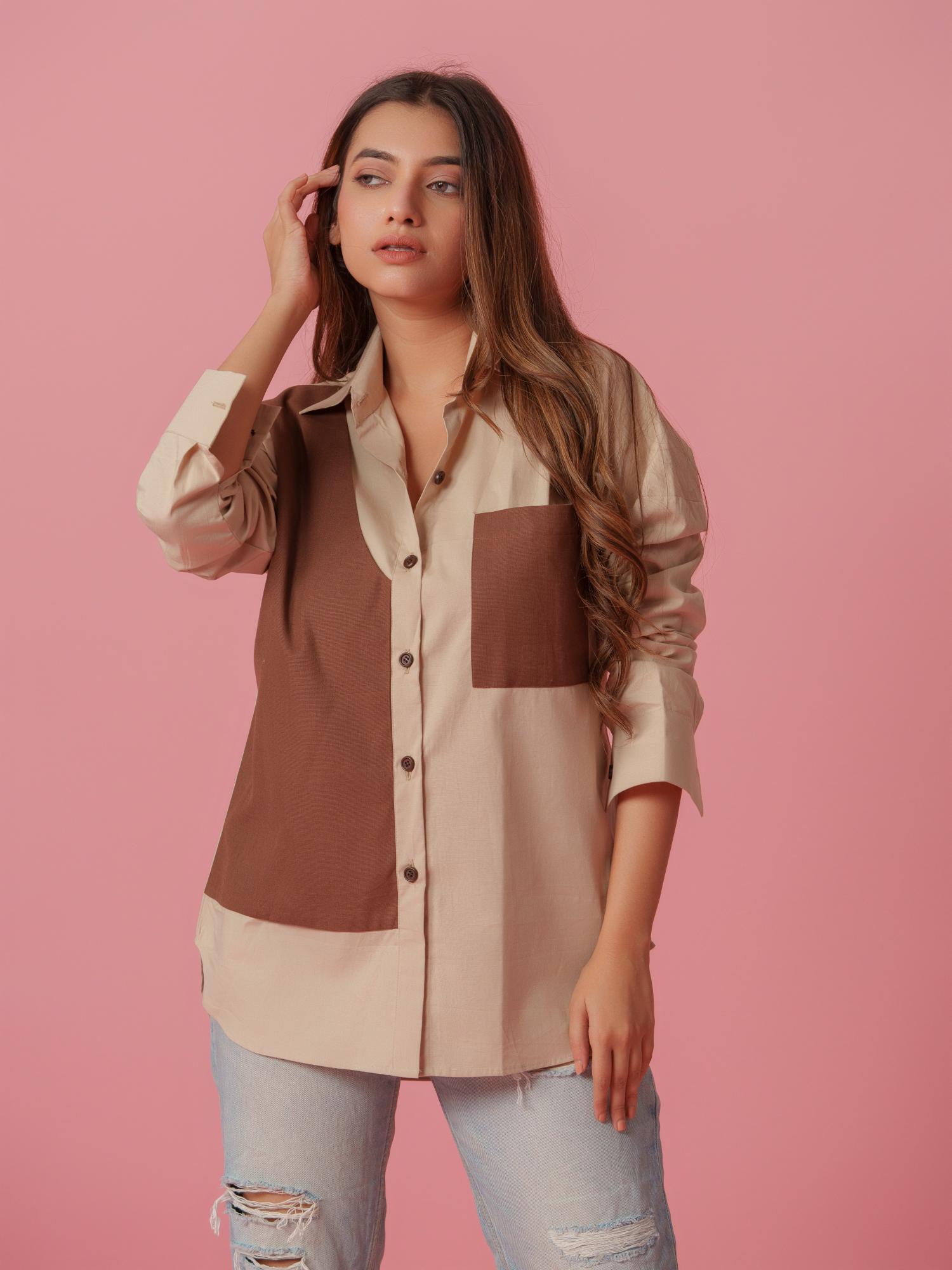 melo crisp cotton shirt-stylish women's shirt with striking color accents, made from a comfortable cotton-lycra blend. perfect for casual and semi-formal wear, available at The Kina.