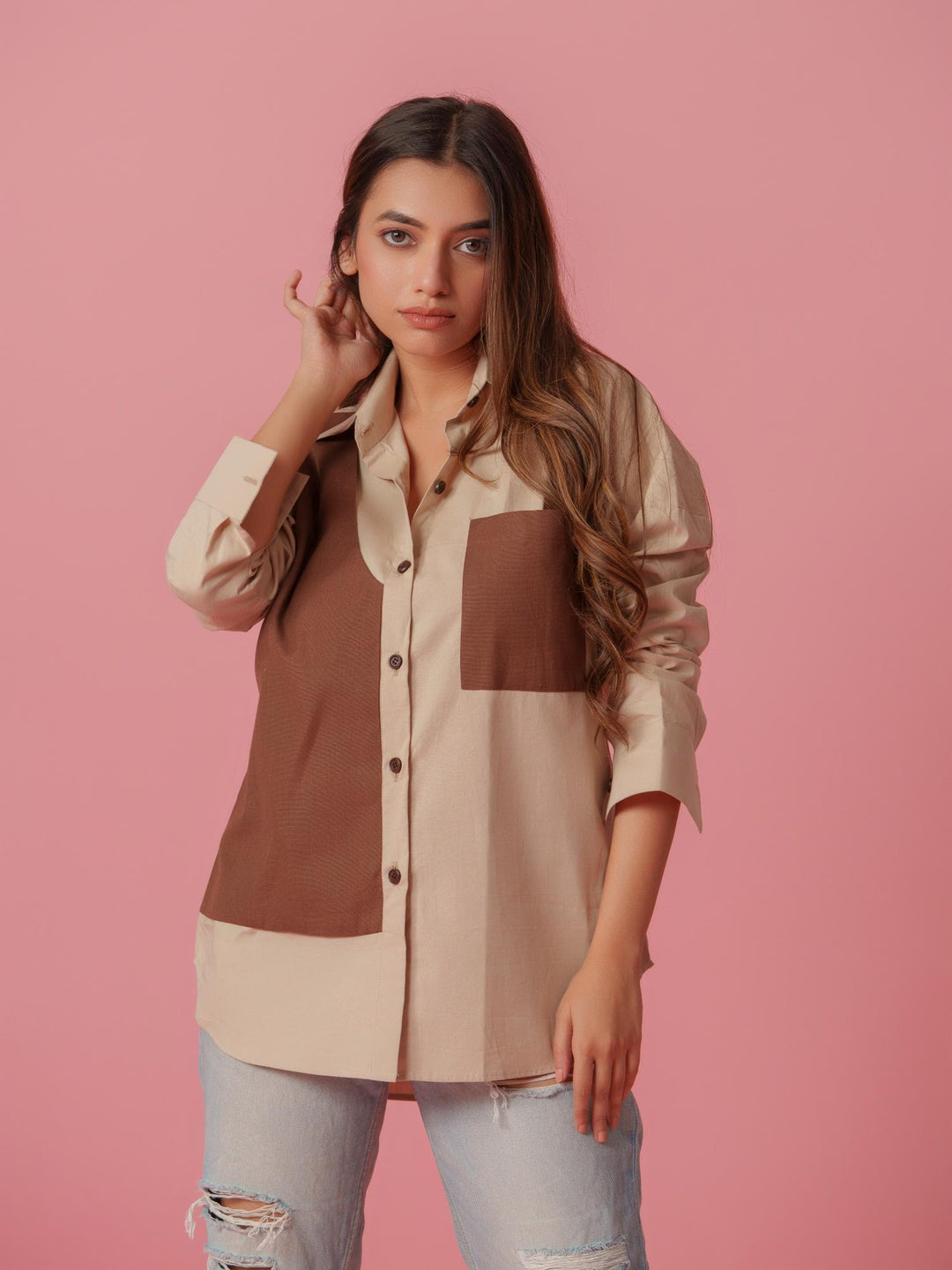 melo crisp cotton shirt-stylish women's shirt with striking color accents, made from a comfortable cotton-lycra blend. perfect for casual and semi-formal wear, available at The Kina.