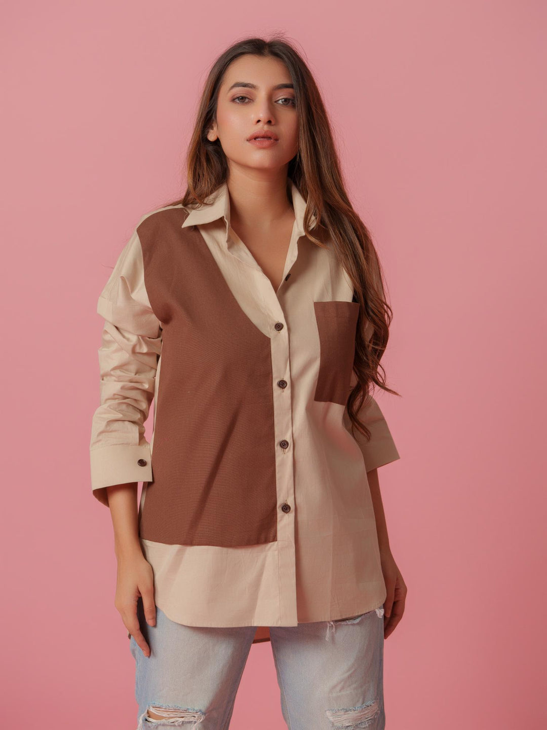 melo crisp cotton shirt-stylish women's shirt with striking color accents, made from a comfortable cotton-lycra blend. perfect for casual and semi-formal wear, available at The Kina.
