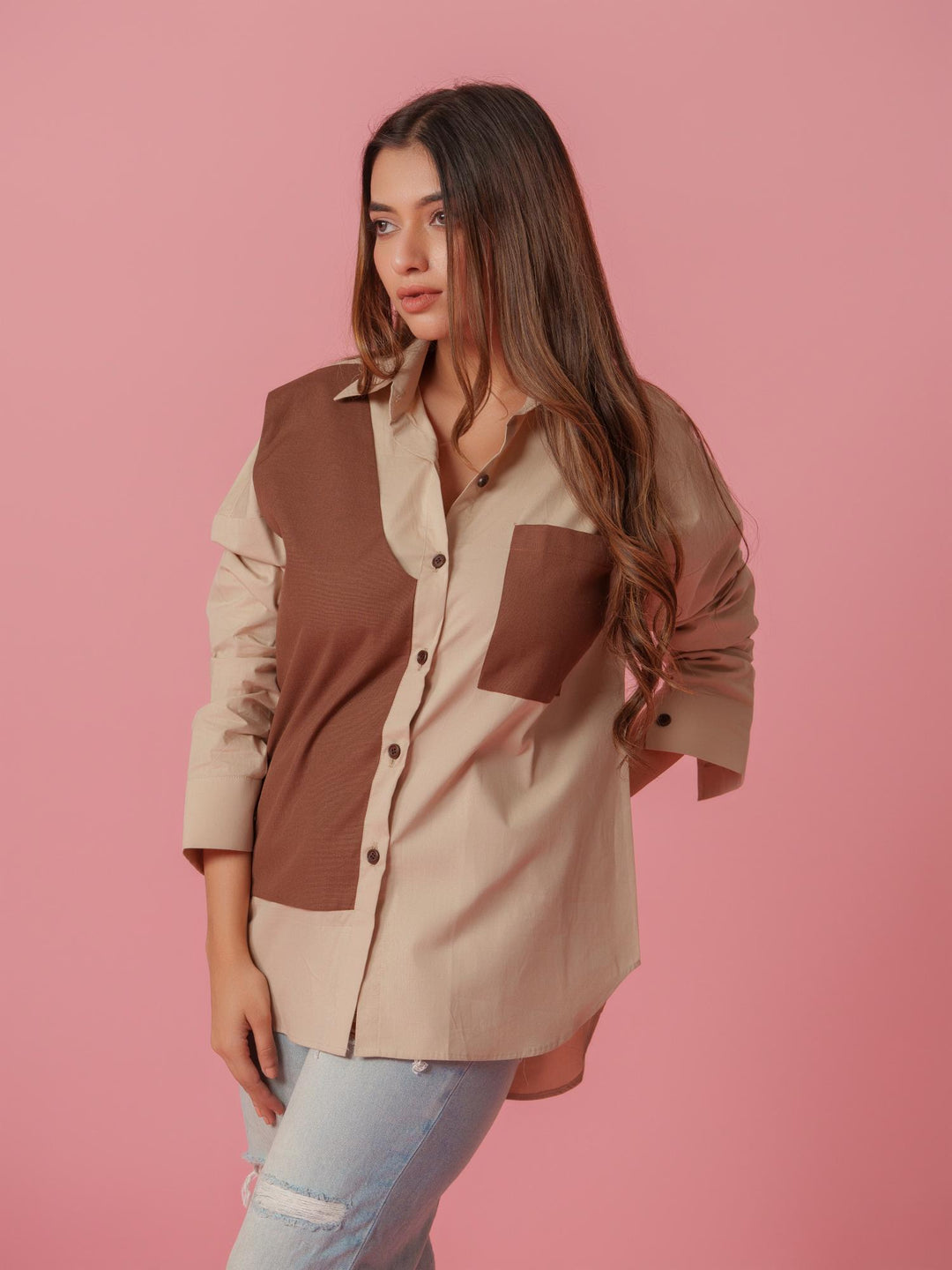 melo crisp cotton shirt-stylish women's shirt with striking color accents, made from a comfortable cotton-lycra blend. perfect for casual and semi-formal wear, available at The Kina.