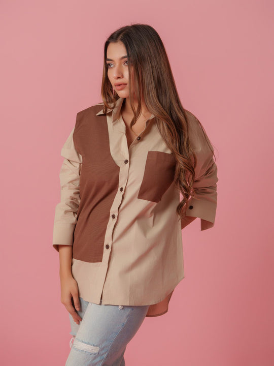 melo crisp cotton shirt-stylish women's shirt with striking color accents, made from a comfortable cotton-lycra blend. perfect for casual and semi-formal wear, available at The Kina.
