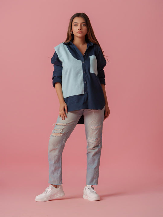 melo crisp cotton shirt-stylish women's shirt with striking color accents, made from a comfortable cotton-lycra blend. perfect for casual and semi-formal wear, available at The Kina.