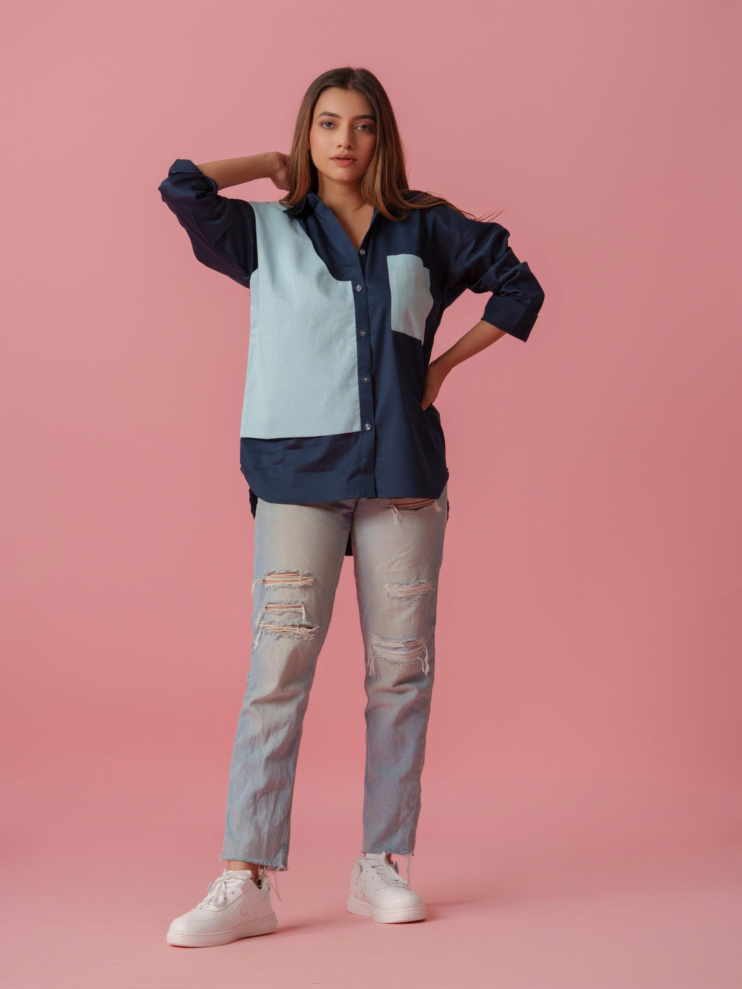melo crisp cotton shirt-stylish women's shirt with striking color accents, made from a comfortable cotton-lycra blend. perfect for casual and semi-formal wear, available at The Kina.