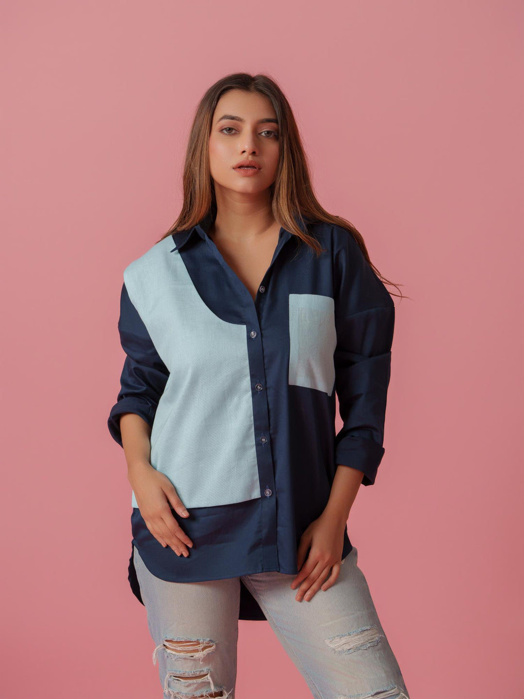 melo crisp cotton shirt-stylish women's shirt with striking color accents, made from a comfortable cotton-lycra blend. perfect for casual and semi-formal wear, available at The Kina.