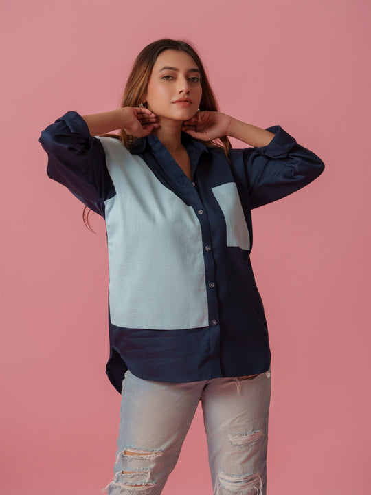 melo crisp cotton shirt-stylish women's shirt with striking color accents, made from a comfortable cotton-lycra blend. perfect for casual and semi-formal wear, available at The Kina.