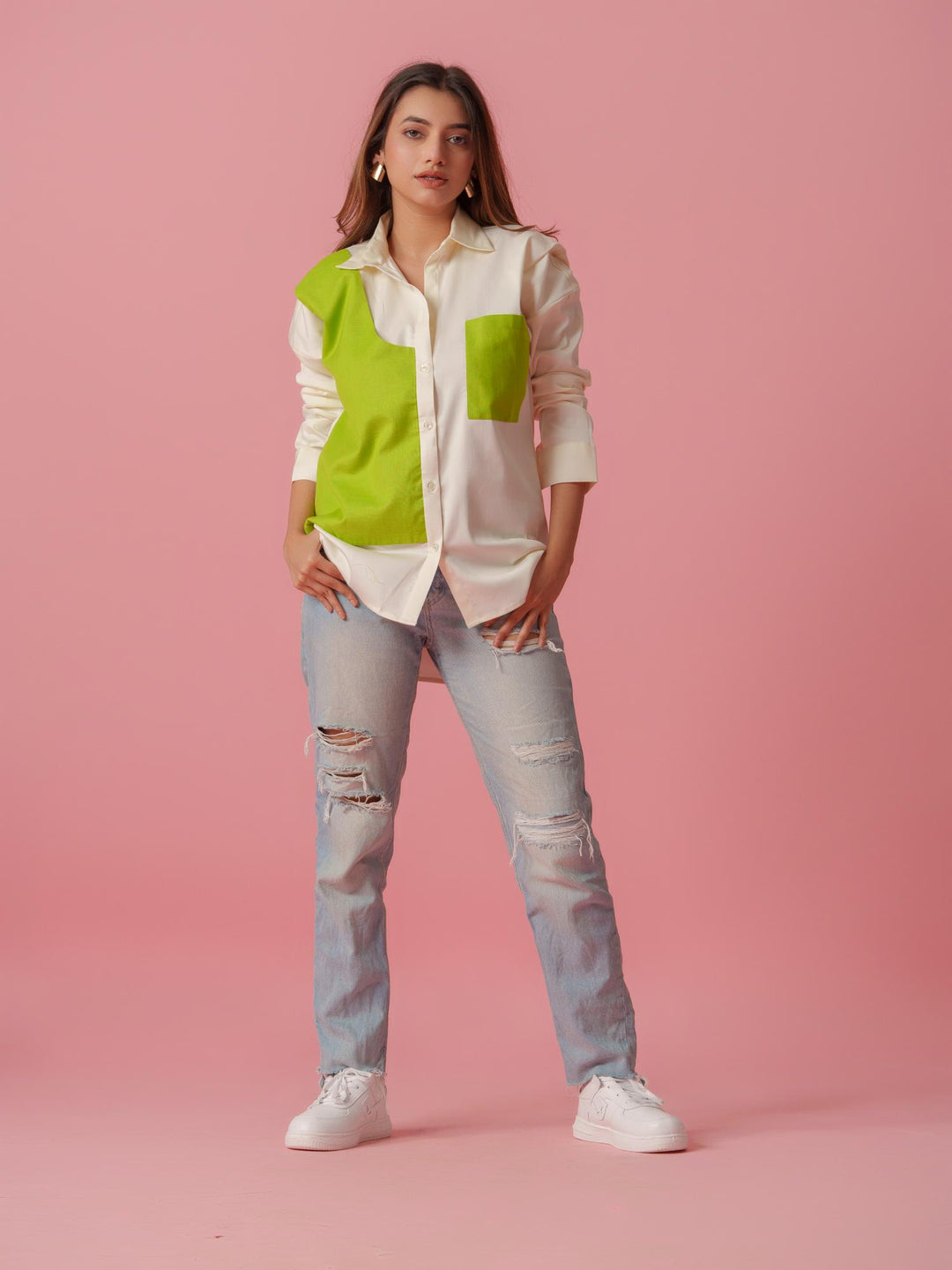 melo crisp cotton shirt-stylish women's shirt with striking color accents, made from a comfortable cotton-lycra blend. perfect for casual and semi-formal wear, available at The Kina.