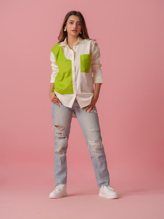melo crisp cotton shirt-stylish women's shirt with striking color accents, made from a comfortable cotton-lycra blend. perfect for casual and semi-formal wear, available at The Kina.