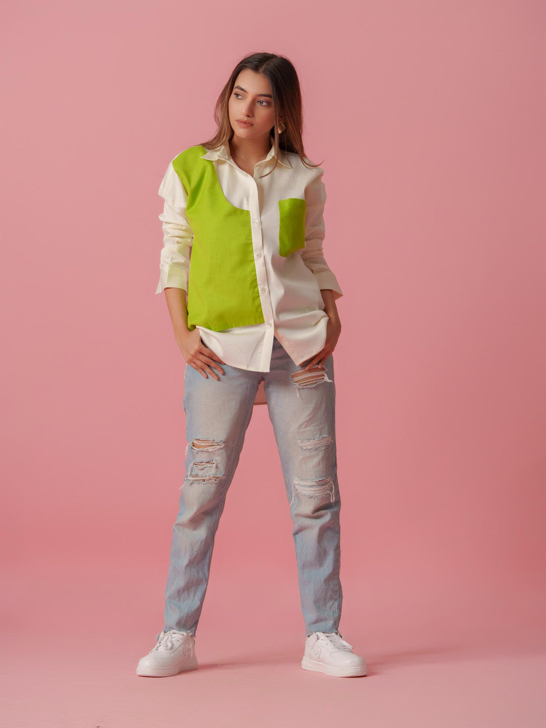 melo crisp cotton shirt-stylish women's shirt with striking color accents, made from a comfortable cotton-lycra blend. perfect for casual and semi-formal wear, available at The Kina.