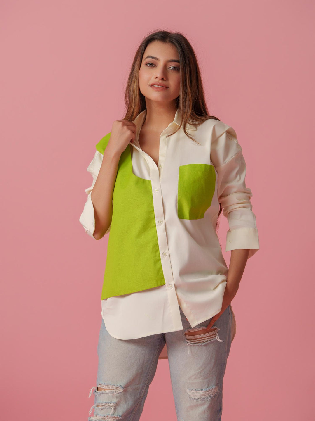 melo crisp cotton shirt-stylish women's shirt with striking color accents, made from a comfortable cotton-lycra blend. perfect for casual and semi-formal wear, available at The Kina.