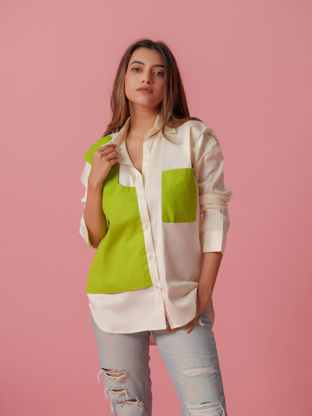 melo crisp cotton shirt-stylish women's shirt with striking color accents, made from a comfortable cotton-lycra blend. perfect for casual and semi-formal wear, available at The Kina.