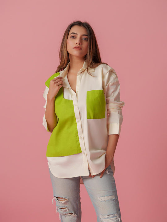 melo crisp cotton shirt-stylish women's shirt with striking color accents, made from a comfortable cotton-lycra blend. perfect for casual and semi-formal wear, available at The Kina.