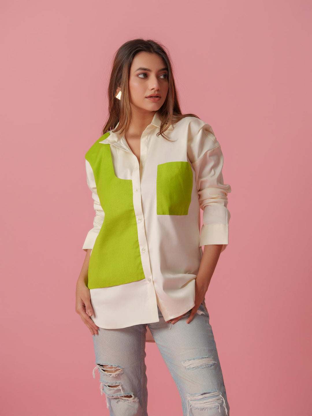 melo crisp cotton shirt-stylish women's shirt with striking color accents, made from a comfortable cotton-lycra blend. perfect for casual and semi-formal wear, available at The Kina.