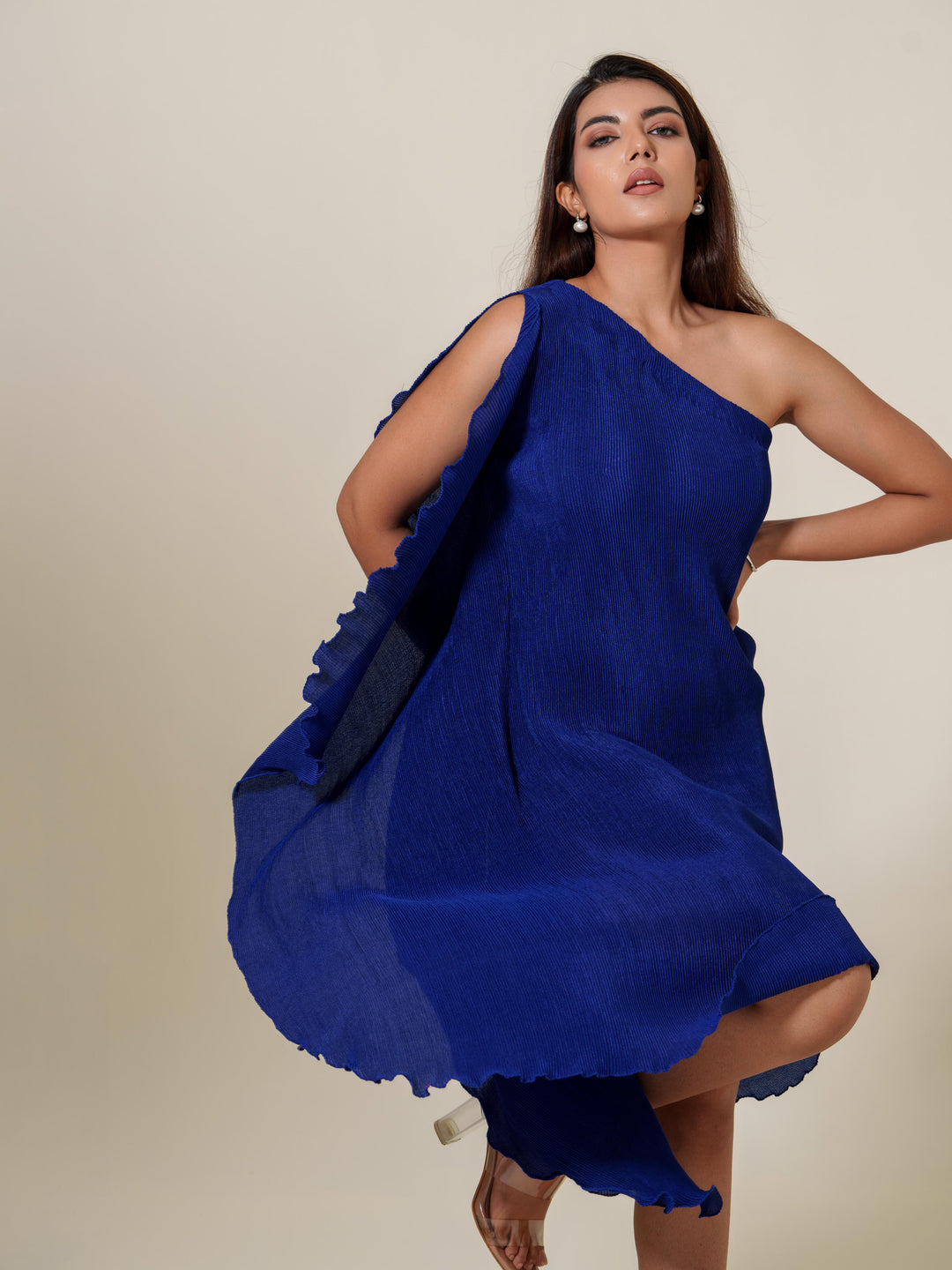 Monica- Pleated one shoulder knee length dress