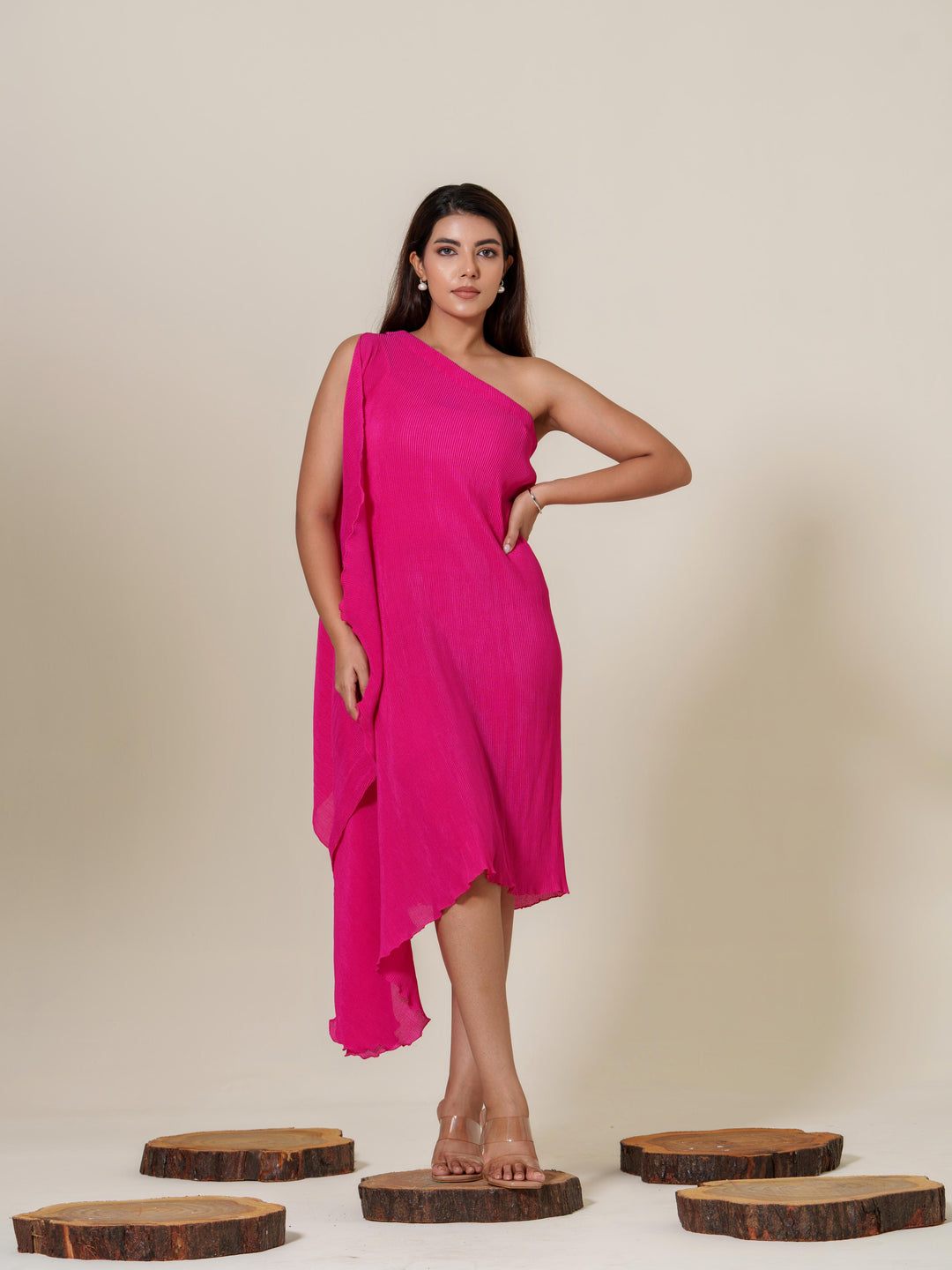 Monica- Pleated one shoulder knee length dress