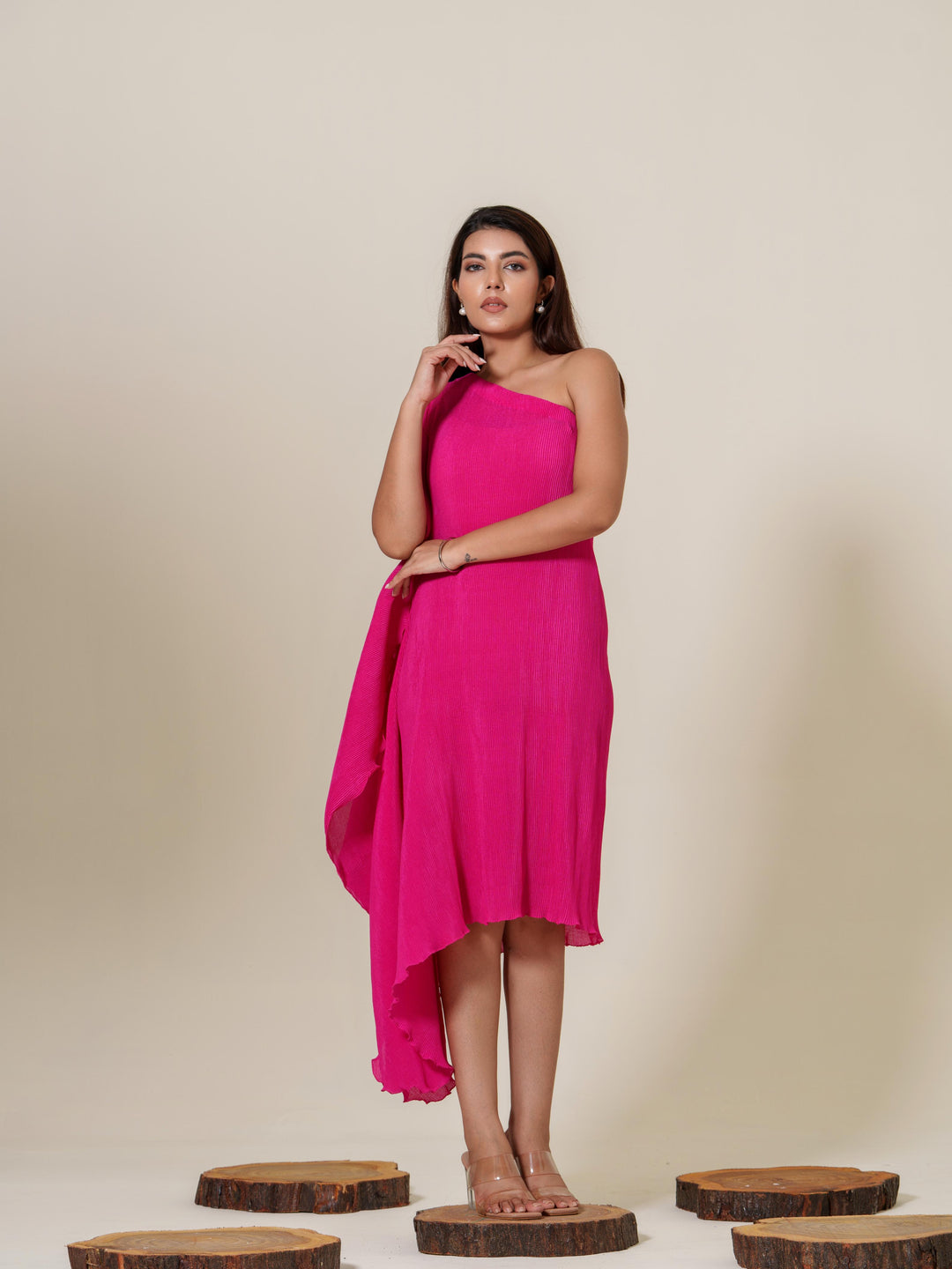 Monica- Pleated one shoulder knee length dress