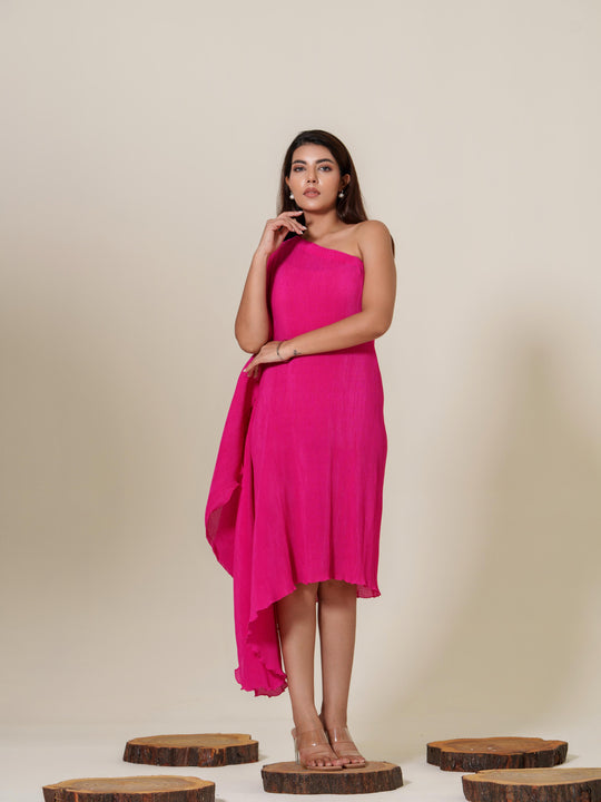 Monica- Pleated one shoulder knee length dress