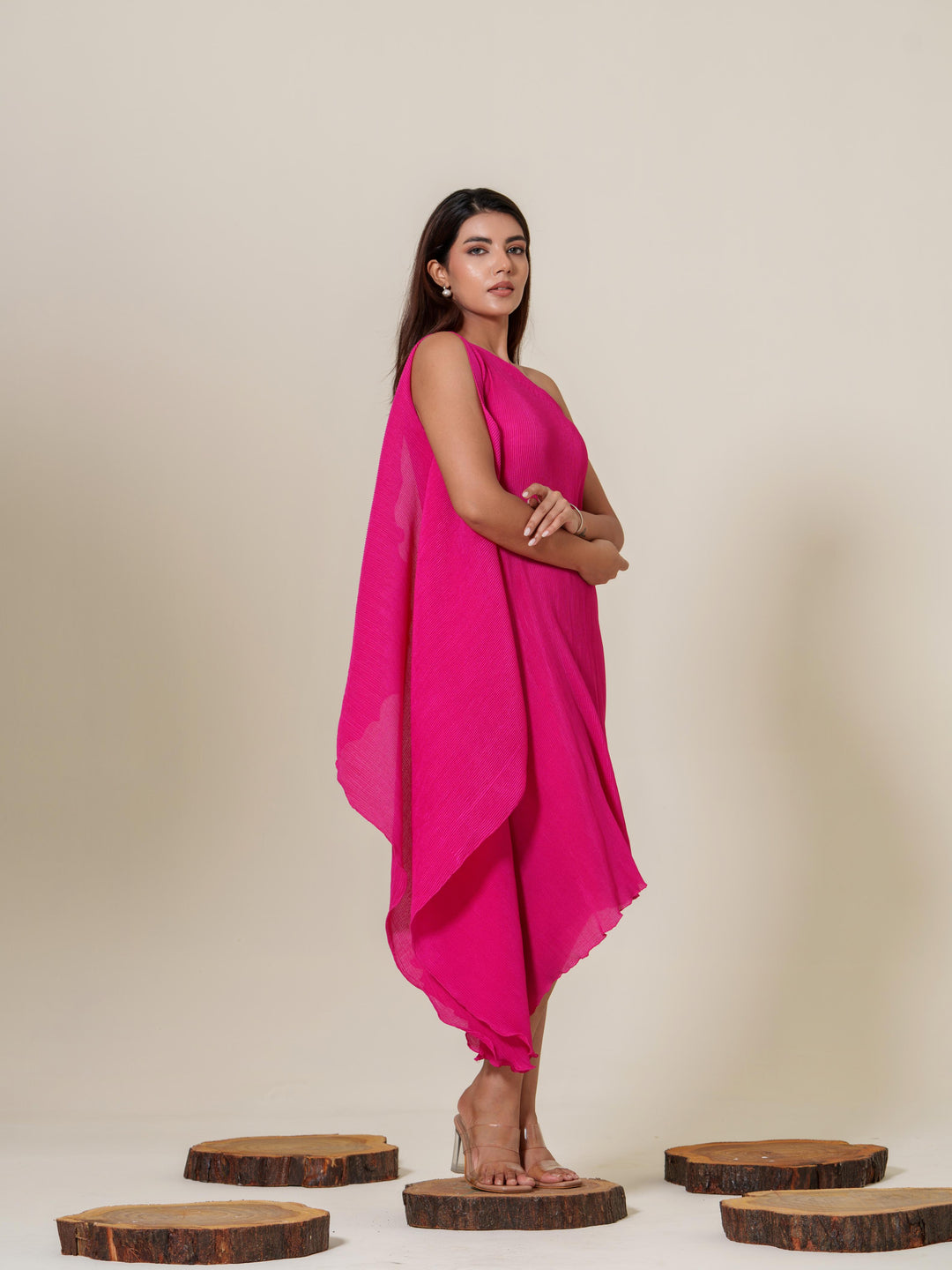 Monica- Pleated one shoulder knee length dress