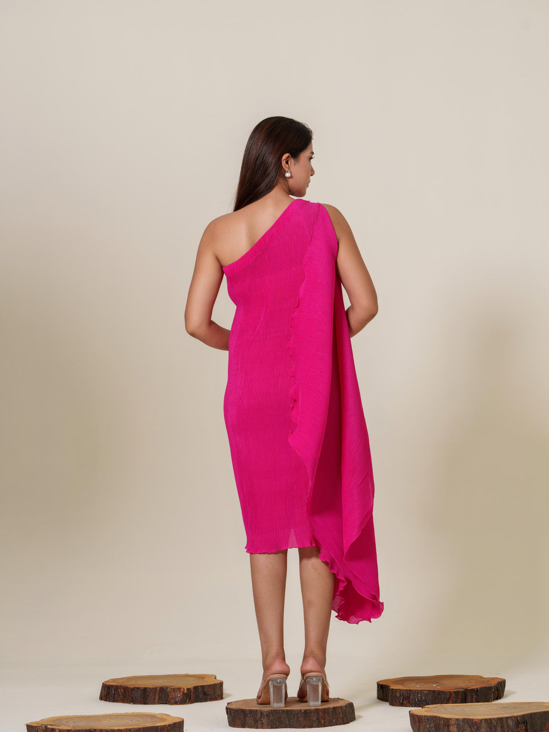 Monica- Pleated one shoulder knee length dress