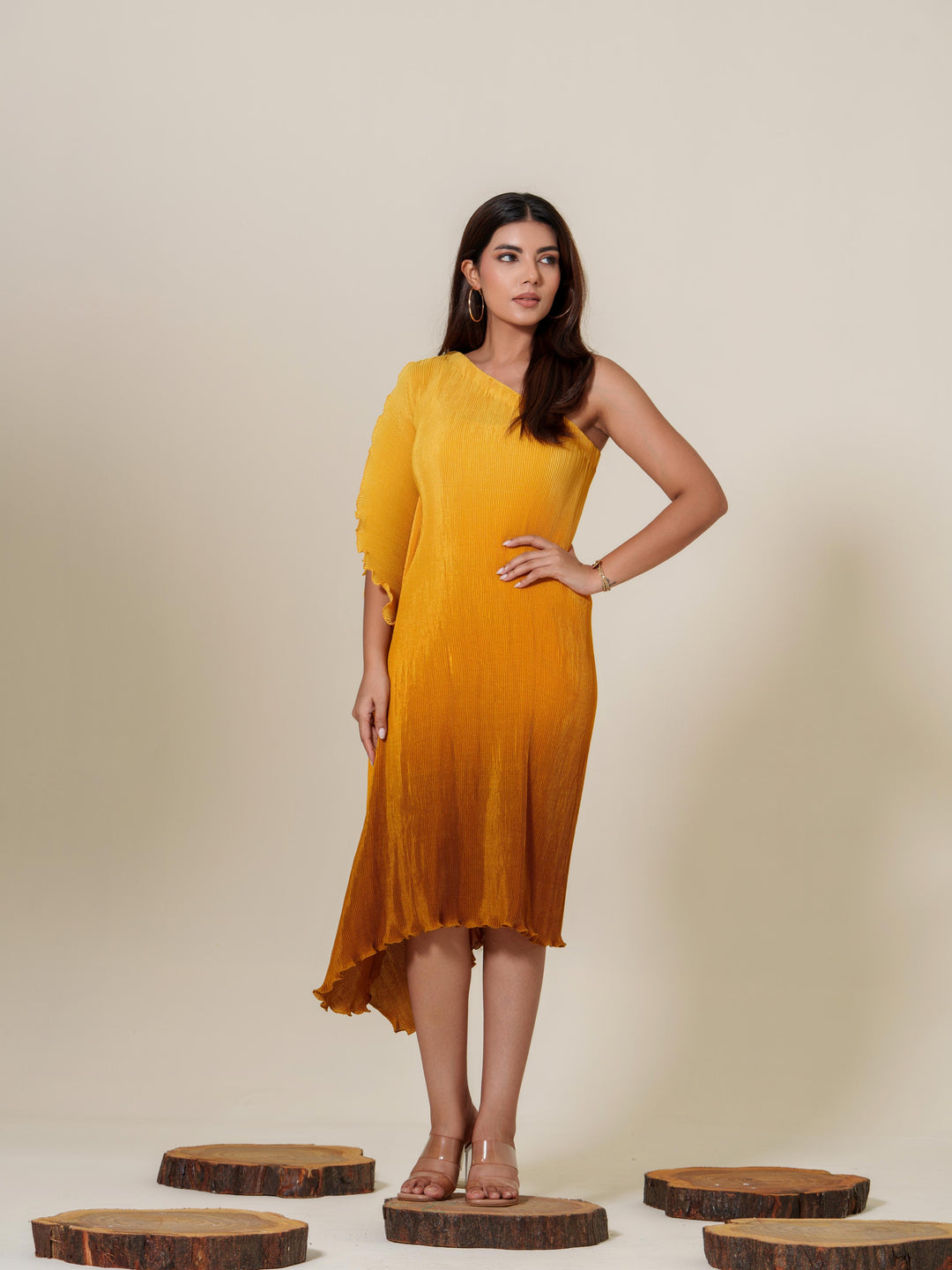 Monica- Pleated one shoulder knee length dress