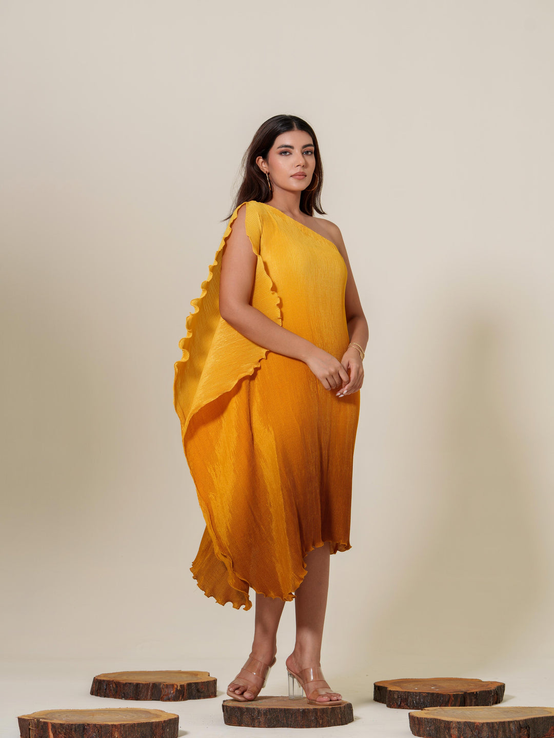Monica- Pleated one shoulder knee length dress