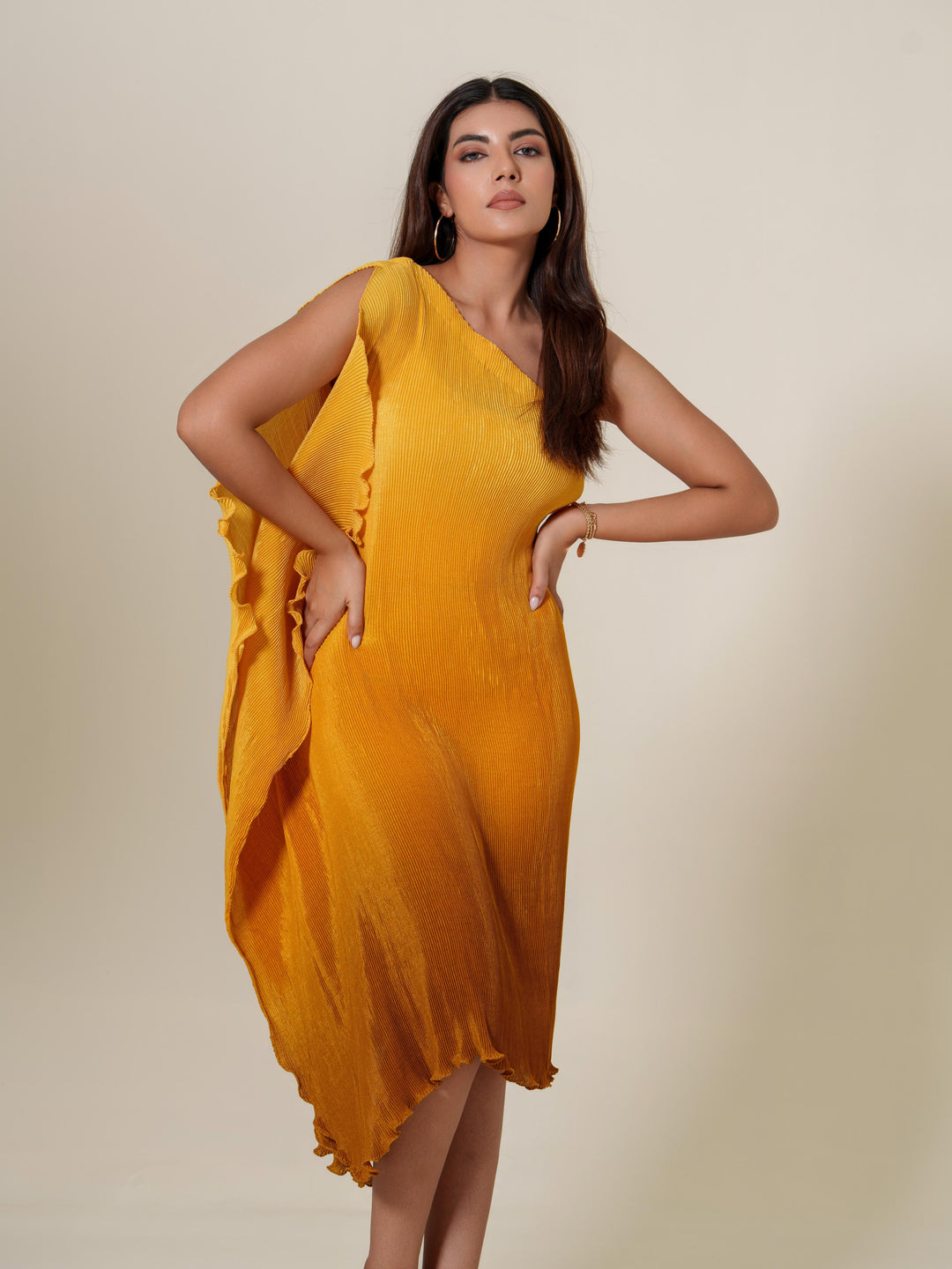 Monica- Pleated one shoulder knee length dress