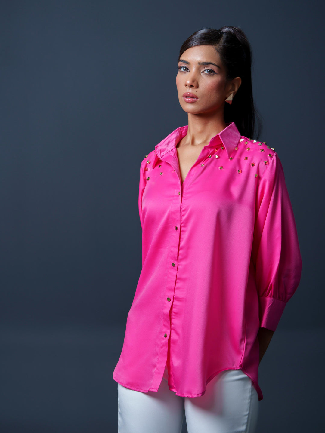Riveted Premium Satin Shirt with Rivets on Shoulder
