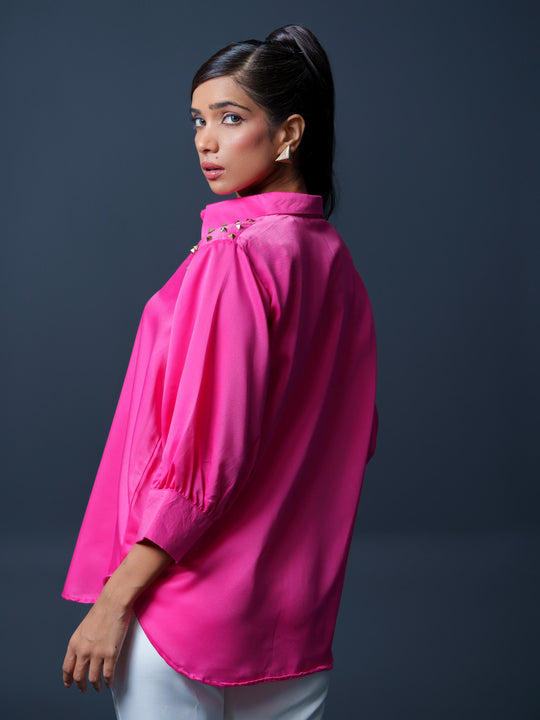 Riveted Premium Satin Shirt with Rivets on Shoulder